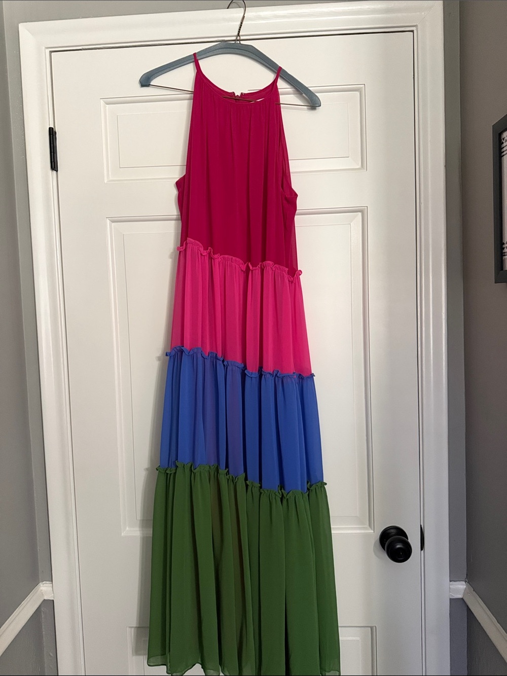 Chico's Colorblock Tiered Maxi Dress in Fuchsia, Pink, Blue, Green